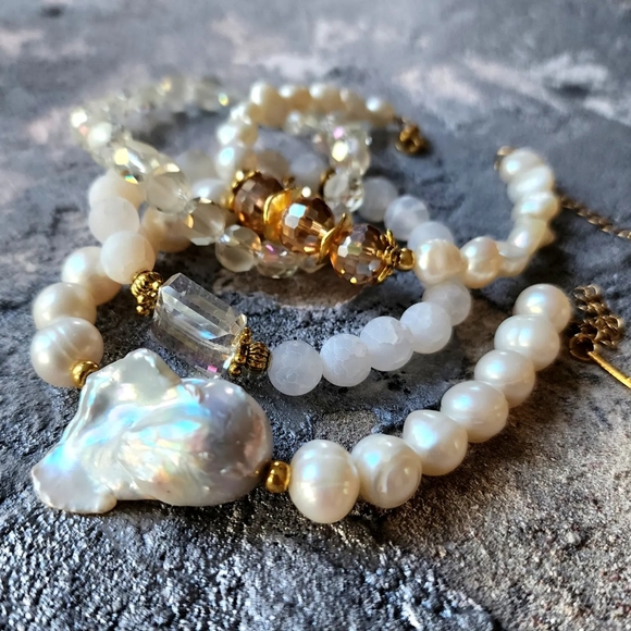 4 Bracelets Jewelry Set Stacking Bar Baroque Pearl 14K Gold plated Jewelry - Picture 1 of 11